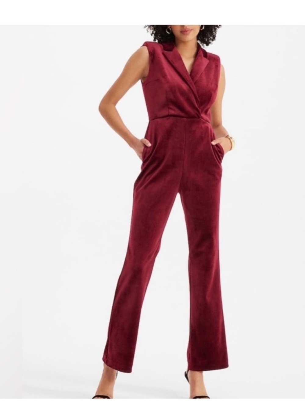 Express Velvet Sleeveless Burgundy Jumpsuit with Notch Collar